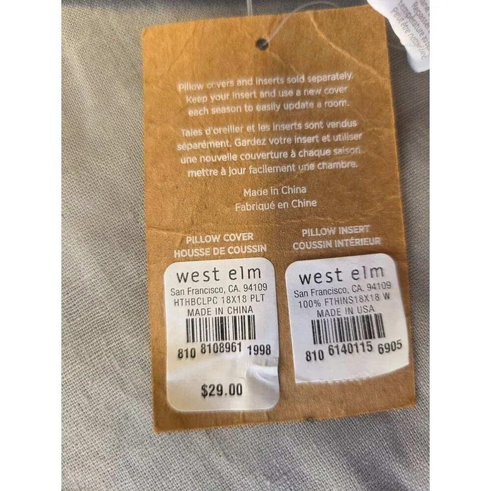 West Elm Boucle Pillow Cover 18x18 NWT Gray Wool Blnd Modern Neutral Cotton Back